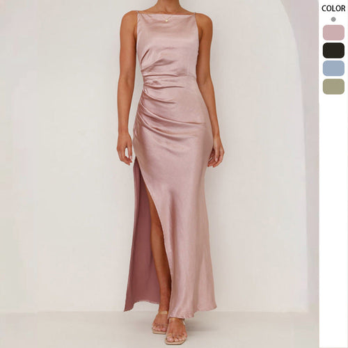 Damen Maxikleid mit Elegantem Satin-Finish und Hoch Geschnittenem Schlitz Echoarchiv