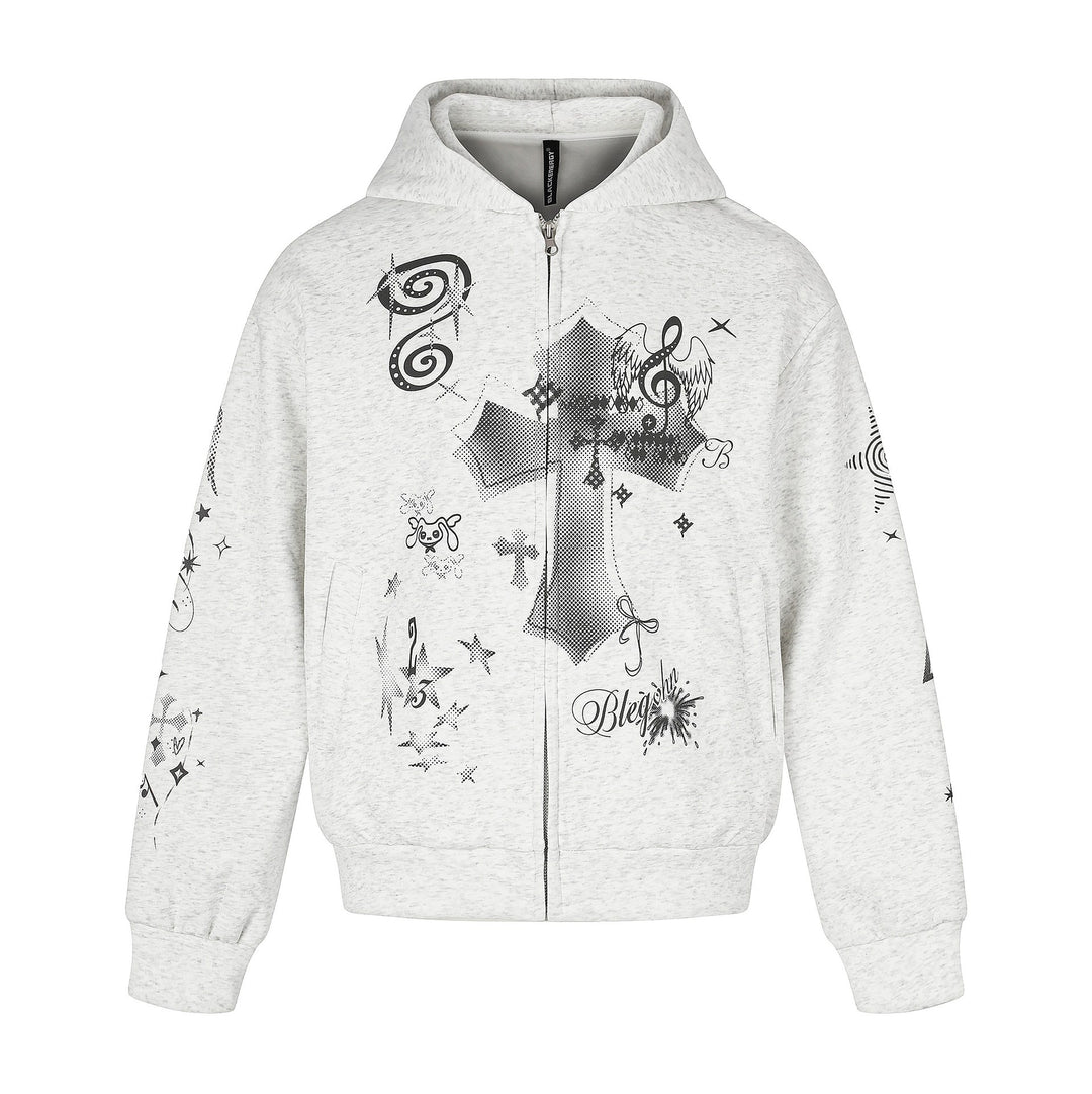 Unisex Bedruckte Kapuzen‑Zipjacke im lässigen Boxy‑Cut mit durchgehendem Reißverschluss Echoarchiv