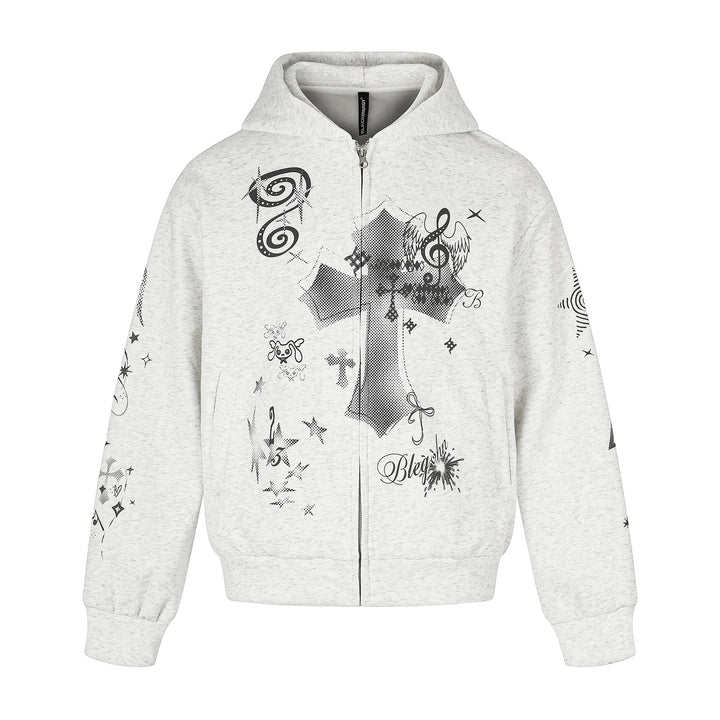 Unisex Bedruckte Kapuzen‑Zipjacke im lässigen Boxy‑Cut mit durchgehendem Reißverschluss Echoarchiv