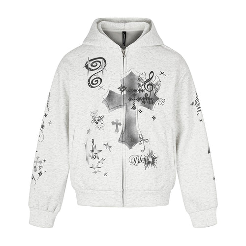 Unisex Bedruckte Kapuzen‑Zipjacke im lässigen Boxy‑Cut mit durchgehendem Reißverschluss Echoarchiv