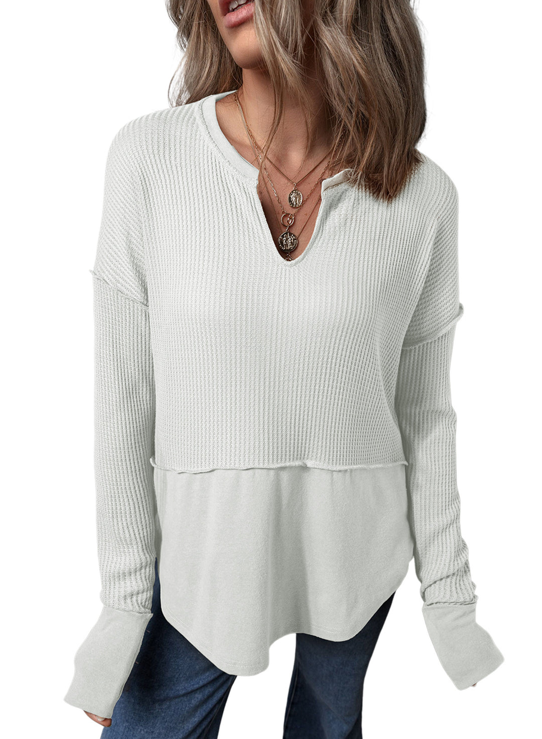 Damen Oversize-Pullover mit Waffle-Struktur, V-Notch und überschnittener Schulter Echo Archiv