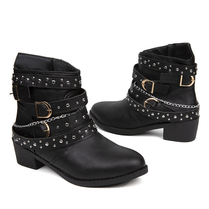 Damen nan knöchelhohe Biker-Stiefelette mit Nietenriemen, Ketten- und Dornschließen-Details Echo Archiv