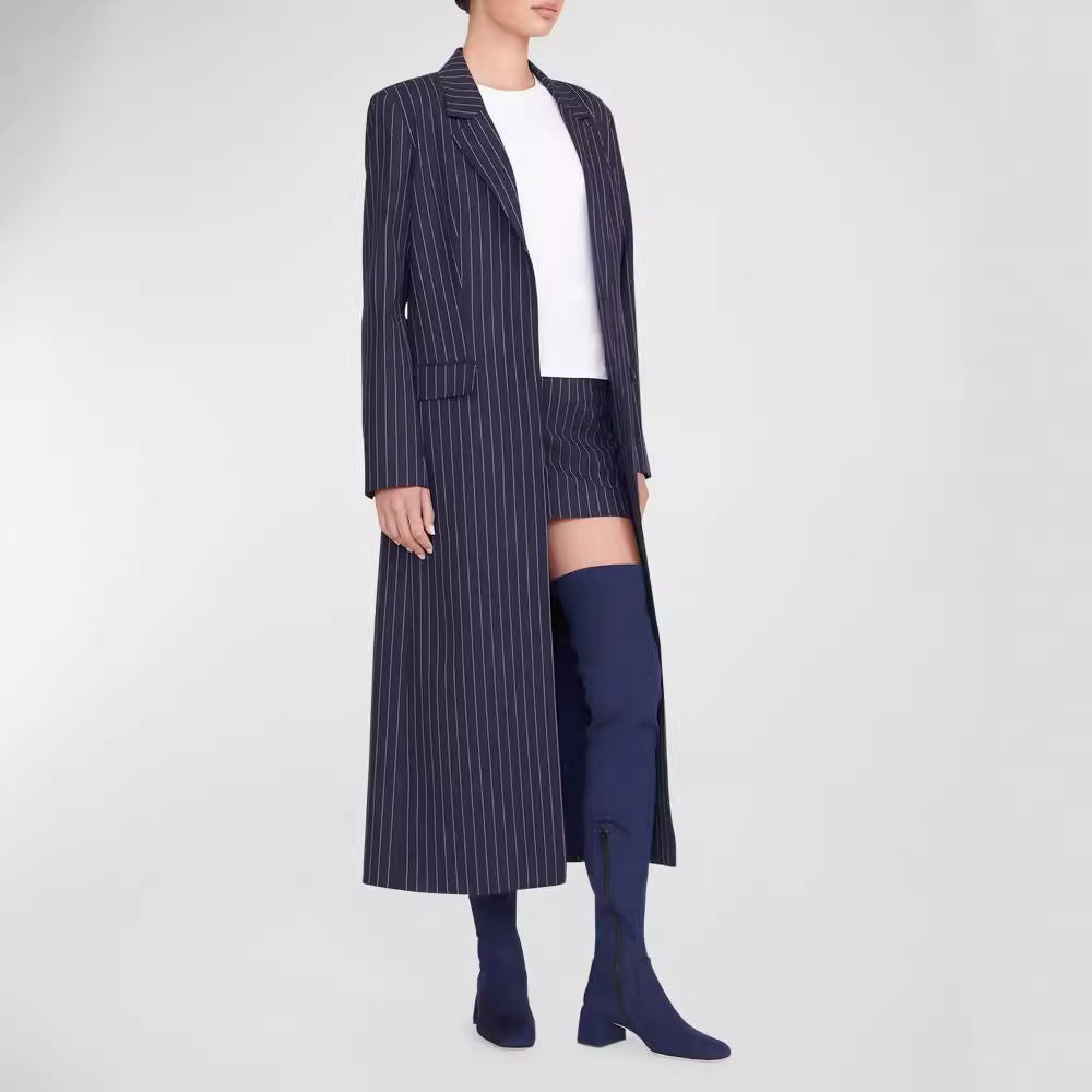 Damen Oversize Longline-Mantel im Nadelstreifen-Look mit Schlitz und Pattentaschen Echoarchiv
