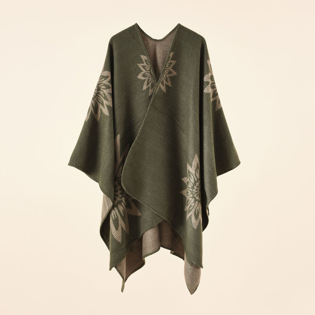 Damen Oversize‑Umhang im Wendefinish mit floraler Intarsienstickerei – Célinea