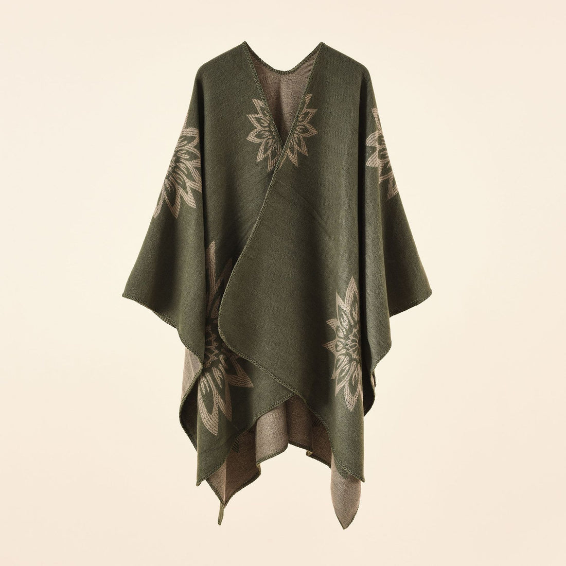 Damen Oversize‑Umhang im Wendefinish mit floraler Intarsienstickerei – Célinea