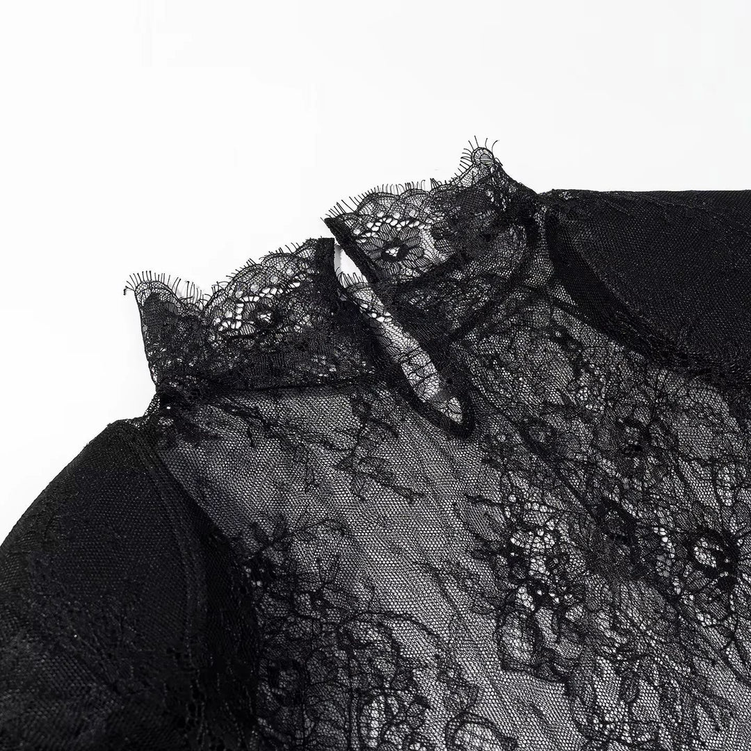 Damen nan transparente Spitzenbluse mit Stehkragen, Bindeschlüssel und Glockenärmeln Echo Archiv