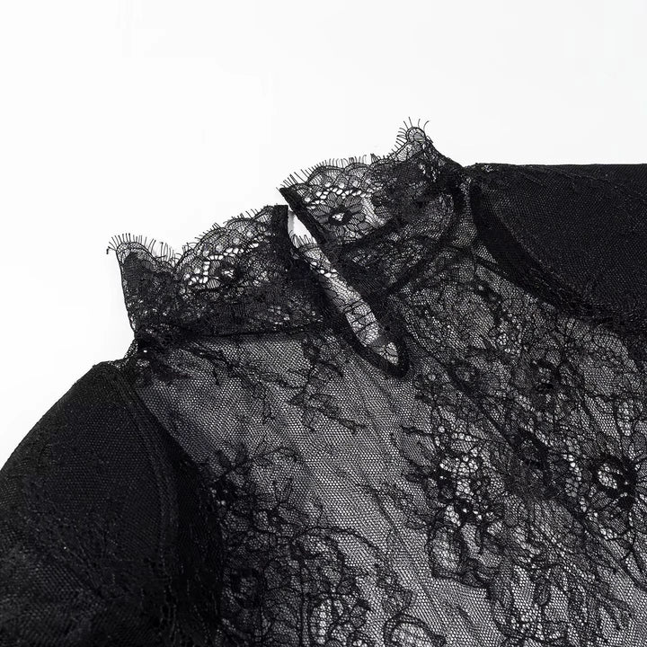 Damen nan transparente Spitzenbluse mit Stehkragen, Bindeschlüssel und Glockenärmeln Echo Archiv