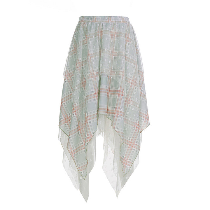 Damen Asymmetrischer Plissee-Rock mit transparentem Chiffonüberwurf und kariertem Design Echo Archiv