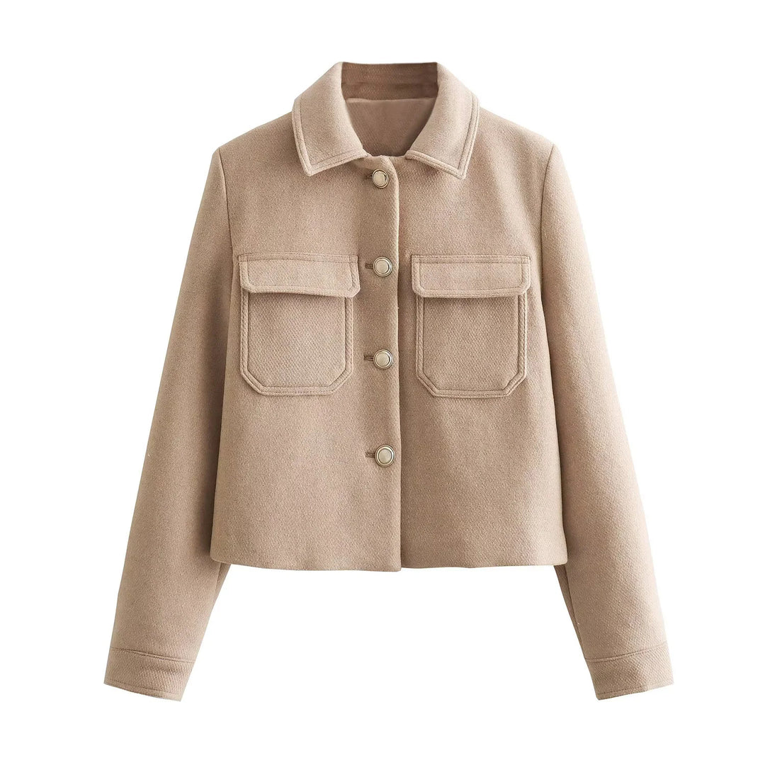 Damen kurze Wolloptik-Boxyjacke mit aufgesetzten Pattentaschen und klassischem Kragen – Célinea