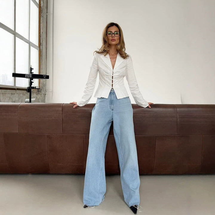 Damen Taillierte Popeline-Hemdbluse mit Korsettnähten & Häkchenfront Echoarchiv