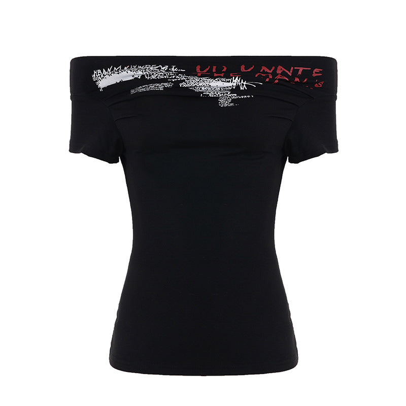 Damen Off-Shoulder T-Shirt mit künstlerischem Druck und figurbetontem Schnitt Echo Archiv