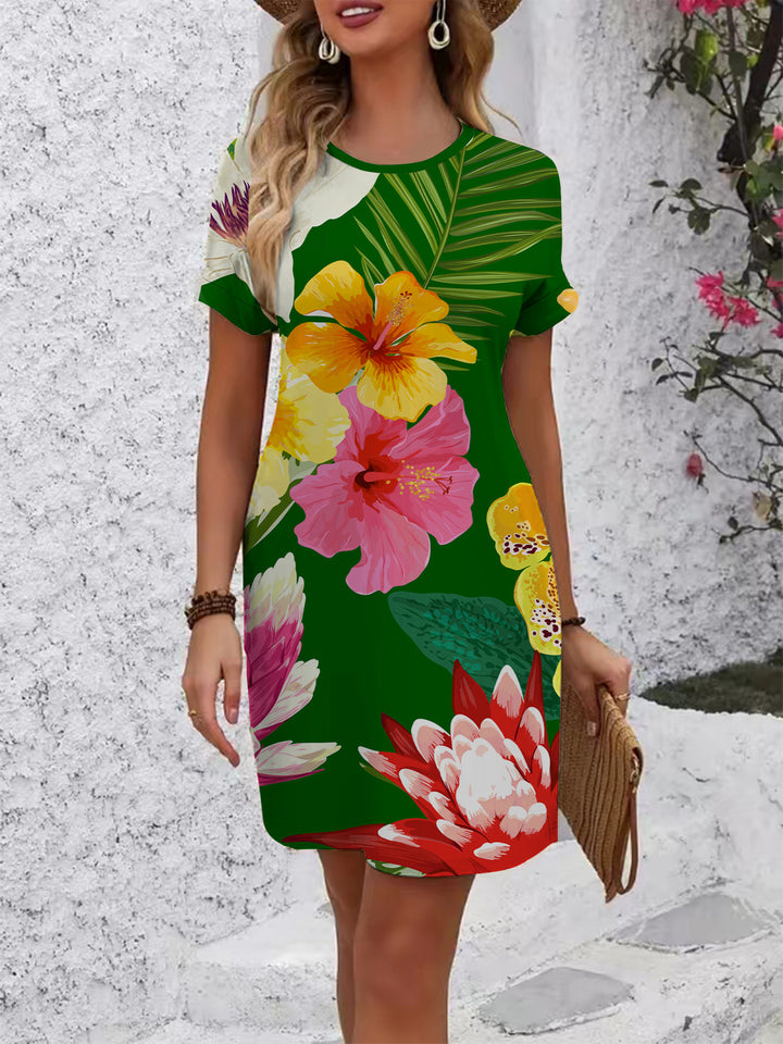 Damen lässiges T-Shirt Kleid mit buntem Blumenmuster und bequemem Schnitt Echo Archiv