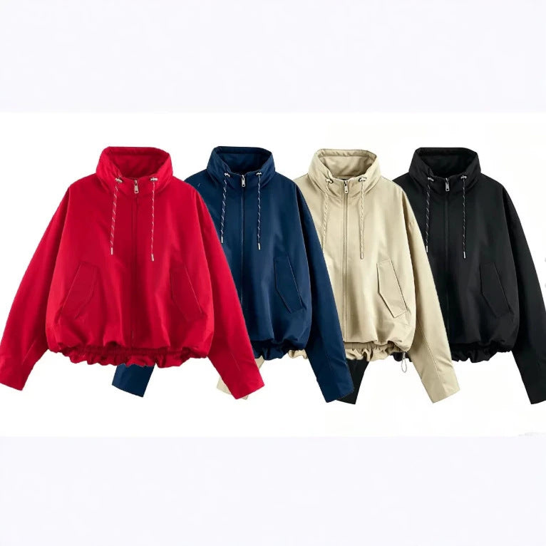 Damen Oversize Cropped Kapuzenjacke mit durchgehendem Reißverschluss, Kordelzug und gerafftem Saum Echo Archiv