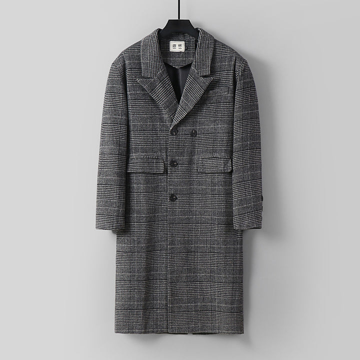 Herren Karierter Longcoat aus Wollmix mit klassischem Revers und geradem Schnitt Echoarchiv