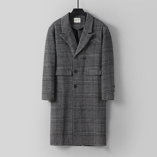 Herren Karierter Longcoat aus Wollmix mit klassischem Revers und geradem Schnitt Echoarchiv