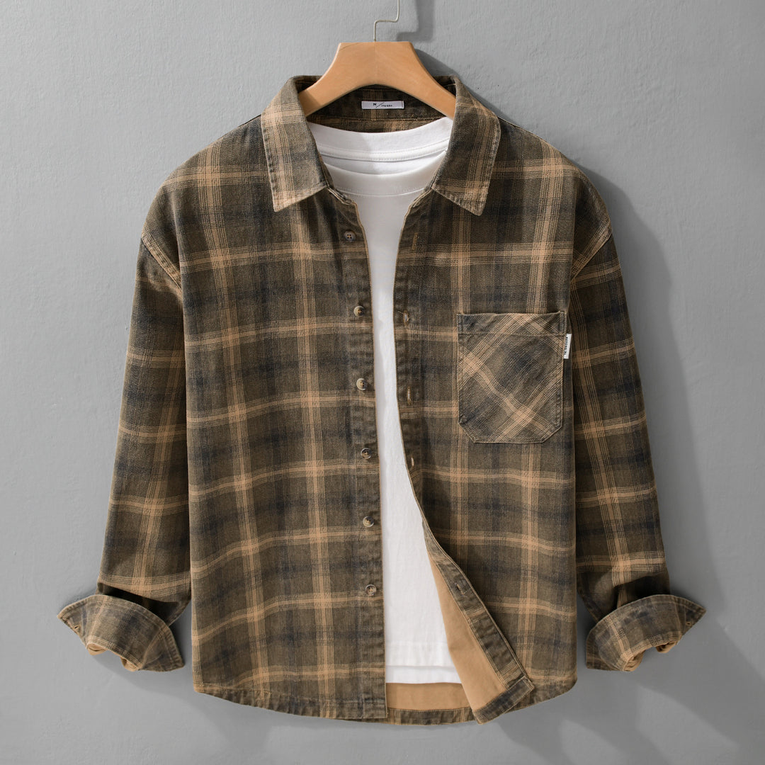 Herren Karo-Relaxed-Overshirt aus gebürstetem Baumwollmix mit Brusttasche und durchgehender Knopfleiste Echoarchiv