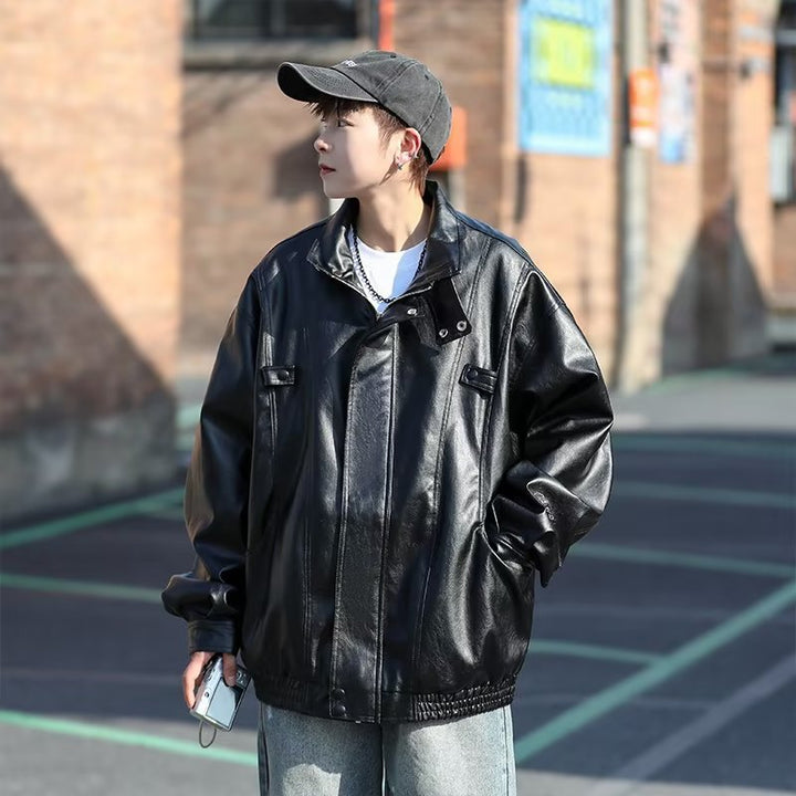 Herren Oversized Kunstlederjacke im Bomberstil mit Stehkragen und elastischem Saum Echoarchiv