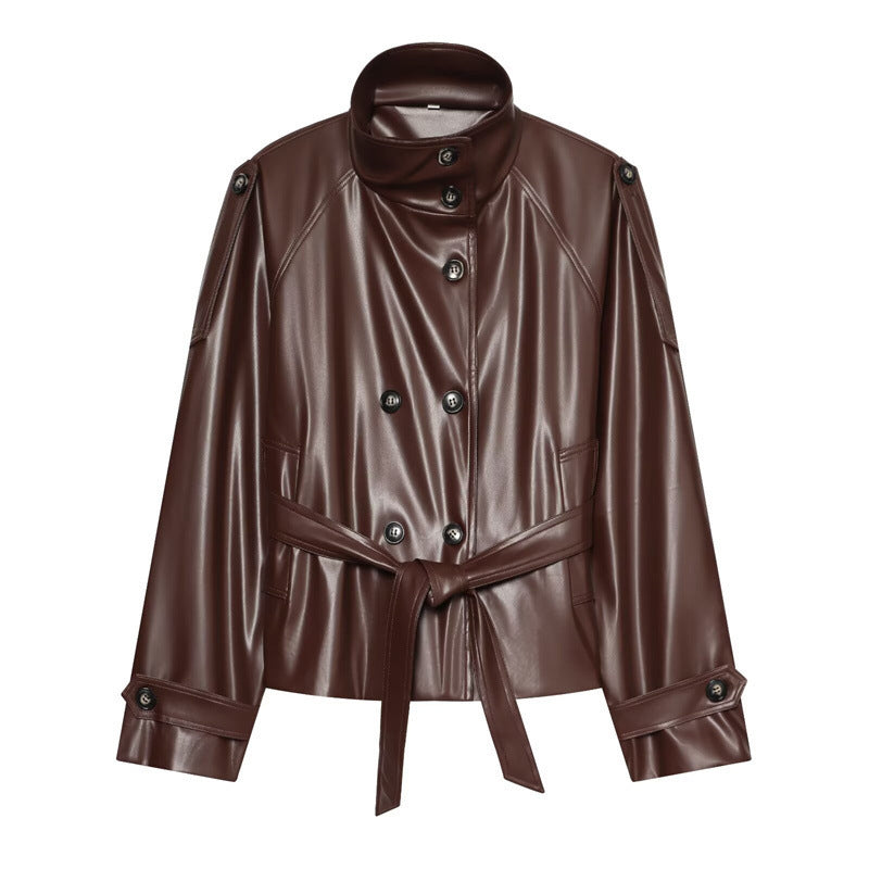 Damen Cropped Kunstlederblouson mit Hochkragen, doppelter Knopfleiste und Bindegürtel Echo Archiv
