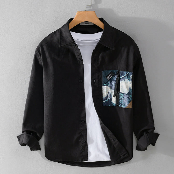 Herren Leichtes Hemdjacke-Overshirt mit kontrastierter Reißverschluss-Brusttasche und Relaxed-Fit Echoarchiv