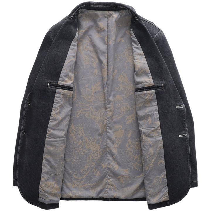 Herren Casual-Jeansblazer mit Reverskragen, aufgesetzten Pattentaschen und floral gemustertem Innenfutter – Tianoro