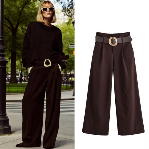 Damen hochtaillierte Culotte-Hose mit weitem Bein, Bundfalten und Statement-Gürtel Echo Archiv