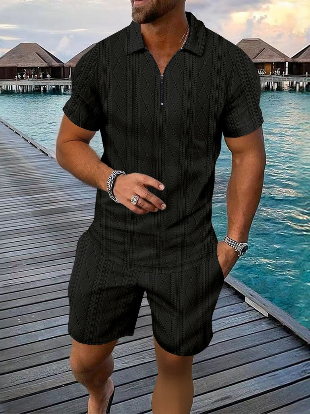 Herren Polo-Shirt mit modischem Reißverschluss und strukturiertem Design Echoarchiv