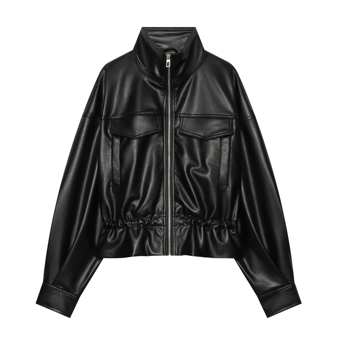 Damen Cropped Kunstlederjacke mit hohem Stehkragen, aufgesetzten Brusttaschen und Tunnelzug-Taille Echo Archiv