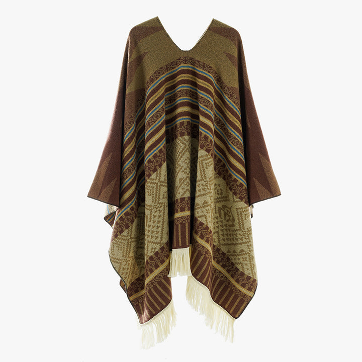 Damen Jacquard‑Ruana im Deckenstil mit V‑Ausschnitt, geometrischem Ethno‑Muster und Fransensaum – Avérine