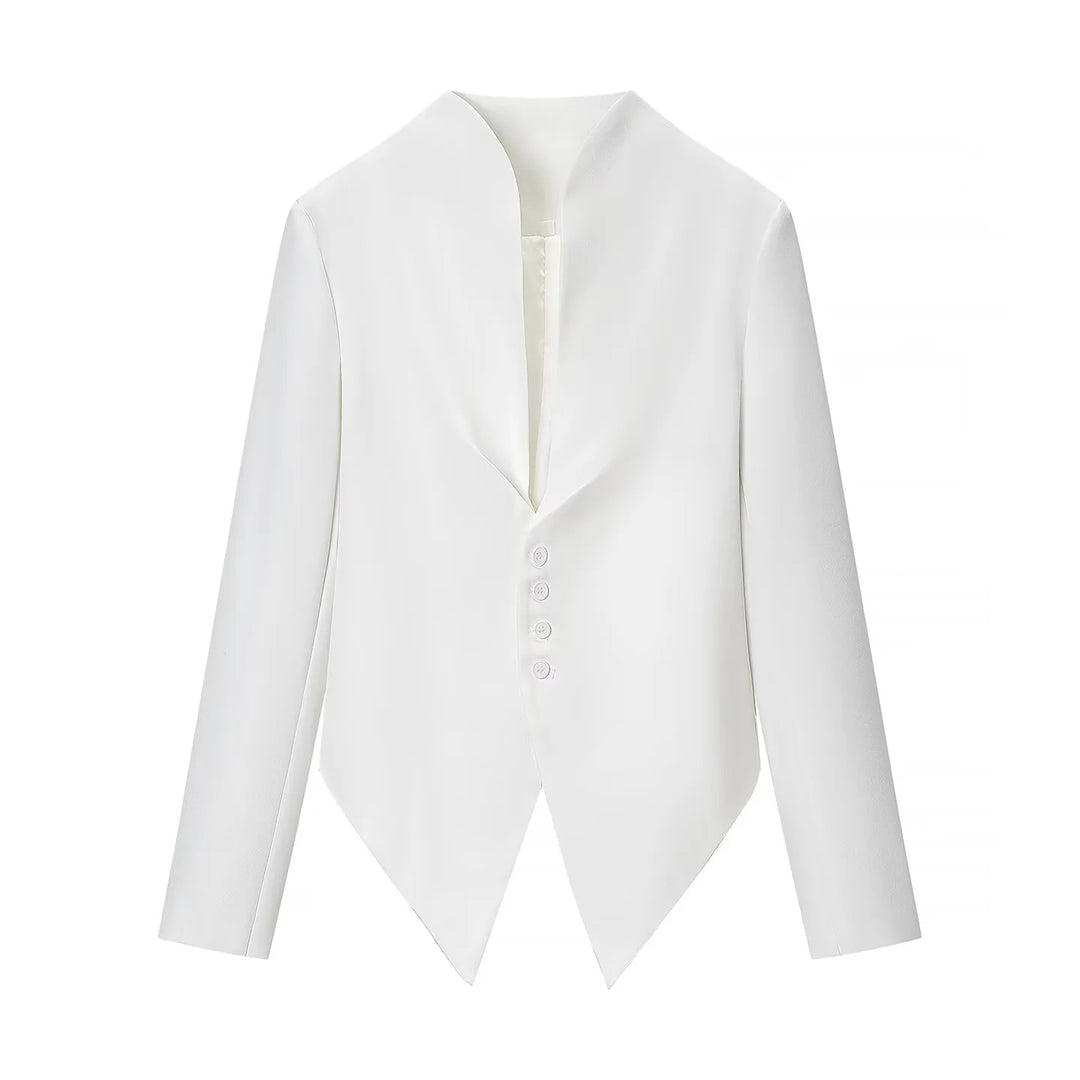 Damen taillierter Blazer mit Stehkragen, asymmetrischem Zipfelsaum und Knopfleiste – Valéne