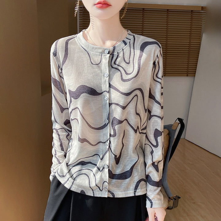 Damen Leichter Aquarell‑Print Feinstrick‑Cardigan mit Rundhalsausschnitt und Knopfleiste Echoarchiv