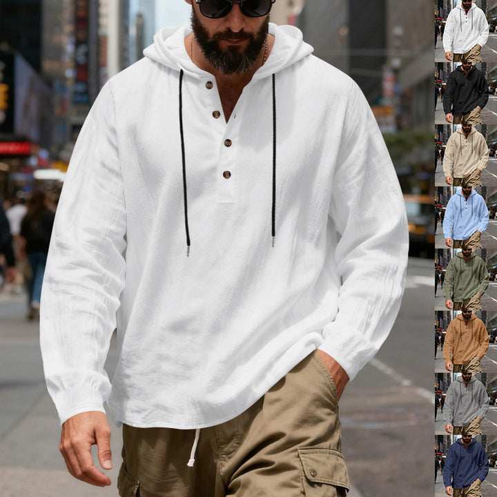Herren nan leichter Kapuzenshirt mit Knopfleiste aus Leinenmischung und entspanntem Schnitt Echo Archiv