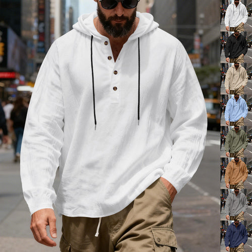 Herren nan leichter Kapuzenshirt mit Knopfleiste aus Leinenmischung und entspanntem Schnitt Echo Archiv
