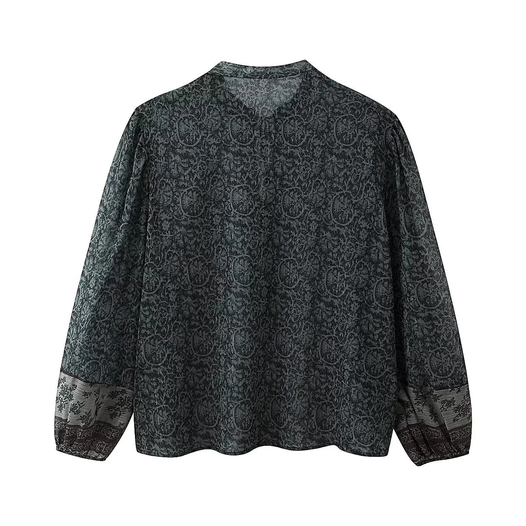 Damen Chiffonbluse mit Paisley‑Print, Quasten‑Bindeband und voluminösen Ballonärmeln – Élovi
