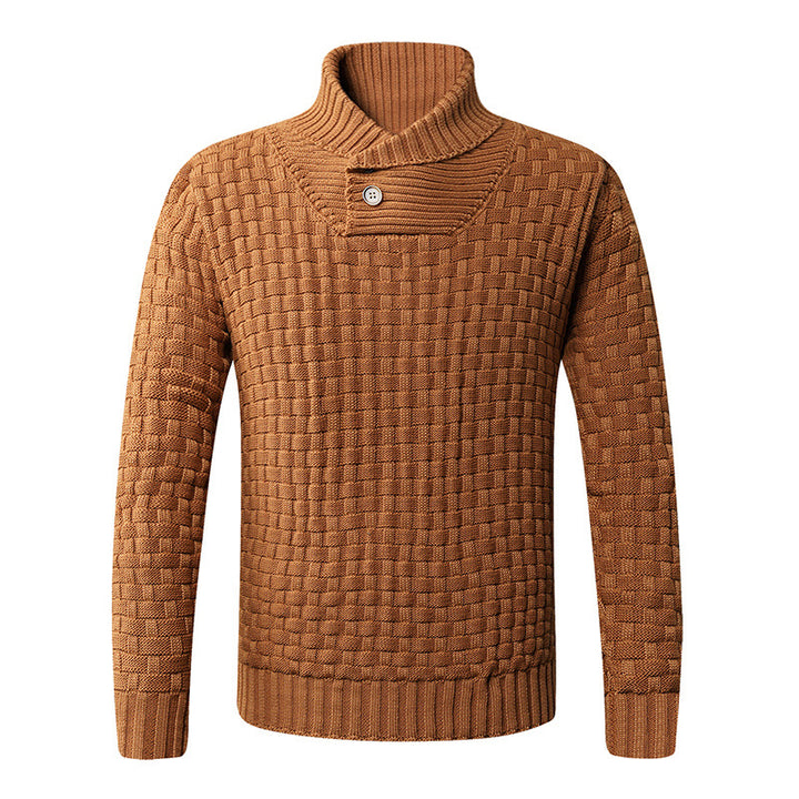 Herren strukturiertes Strickpullover mit Stehkragen und dekorativen Knöpfen Echoarchiv