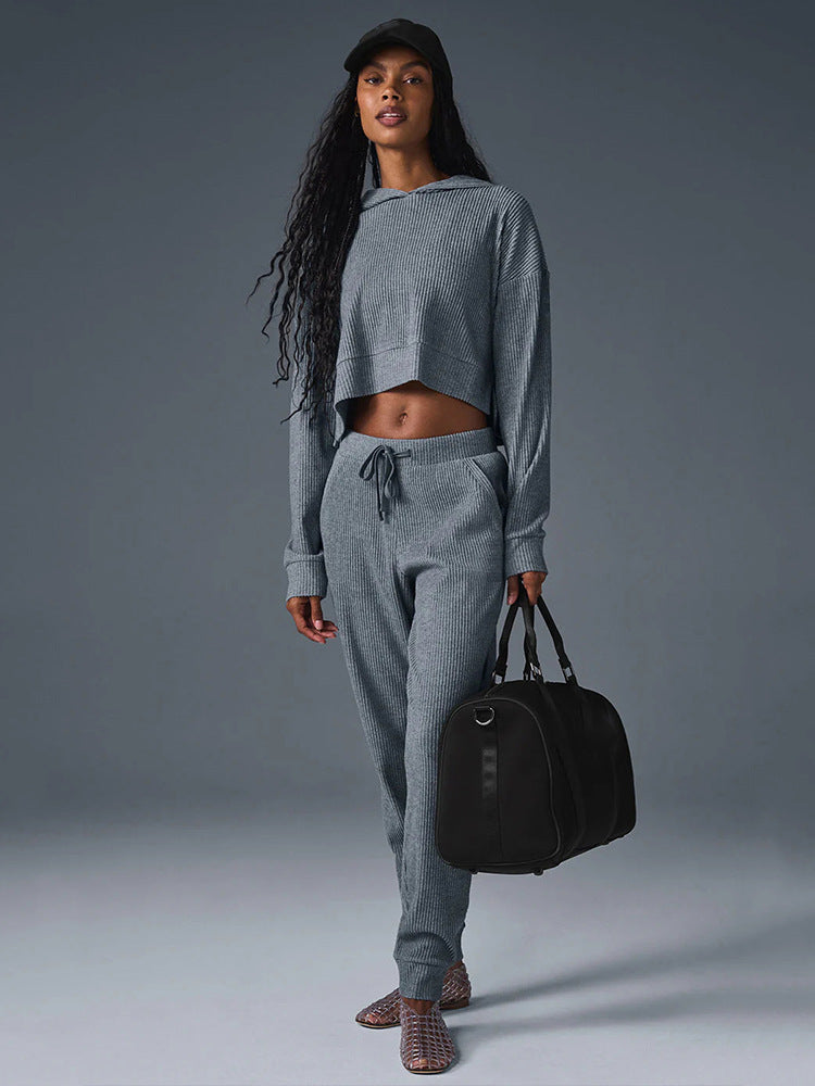 Damen Gerippte High‑Waist Loungehose mit Kordelzug und Bündchen – Avélisse