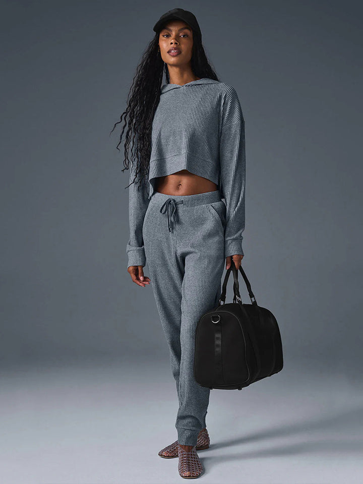 Damen Gerippte High‑Waist Loungehose mit Kordelzug und Bündchen – Avélisse