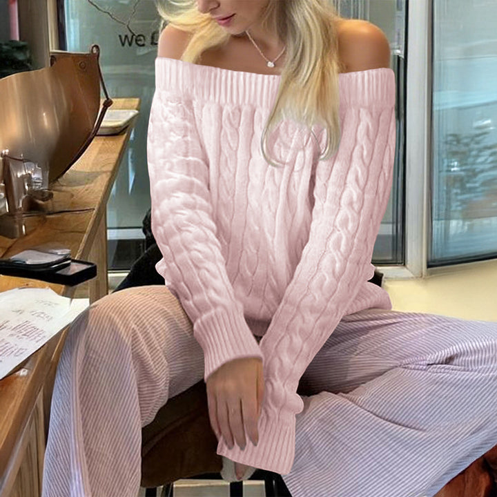 Damen oversized schulterfreier Zopfstrickpullover mit geripptem Ausschnitt und Ballonärmeln – Mavelle
