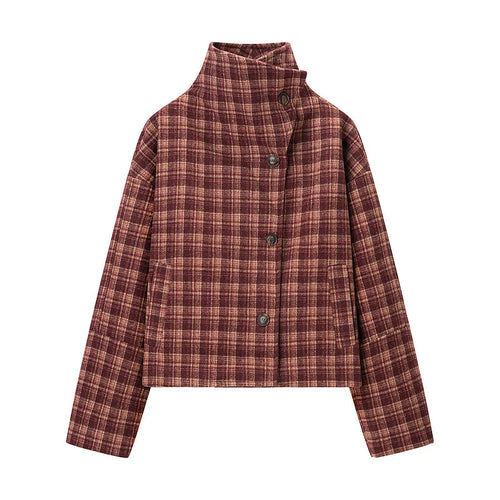 Damen boxy kurze Karo-Steppjacke mit hoher Kragenblende, asymmetrischer Knopfleiste und wattierter Innenlage – Célinea