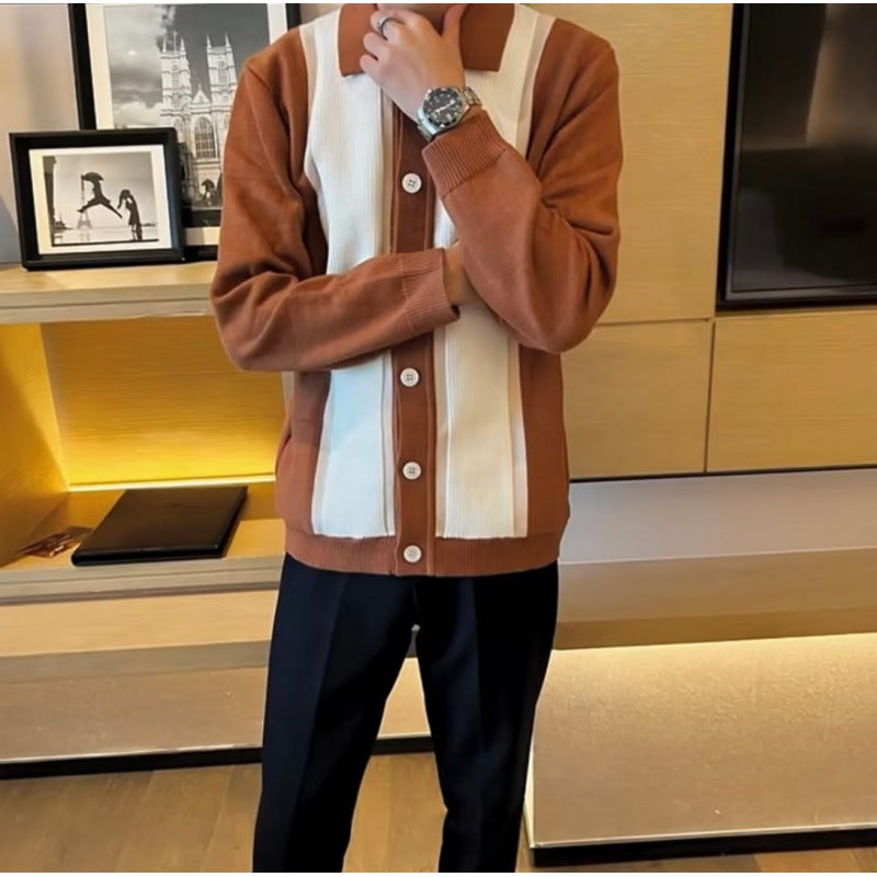 Damen Feinstrick-Cardigan mit Polokragen, kontrastierenden Rippeinsätzen und durchgehender Knopfleiste Echoarchiv