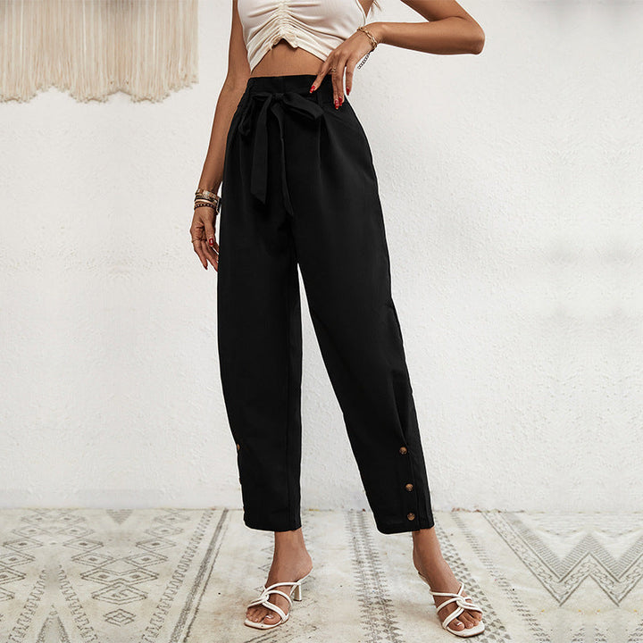 Damen Hochtaillierte Paperbag-Hose mit Bindegürtel, tapered Bein und Zierknopfleiste Echoarchiv