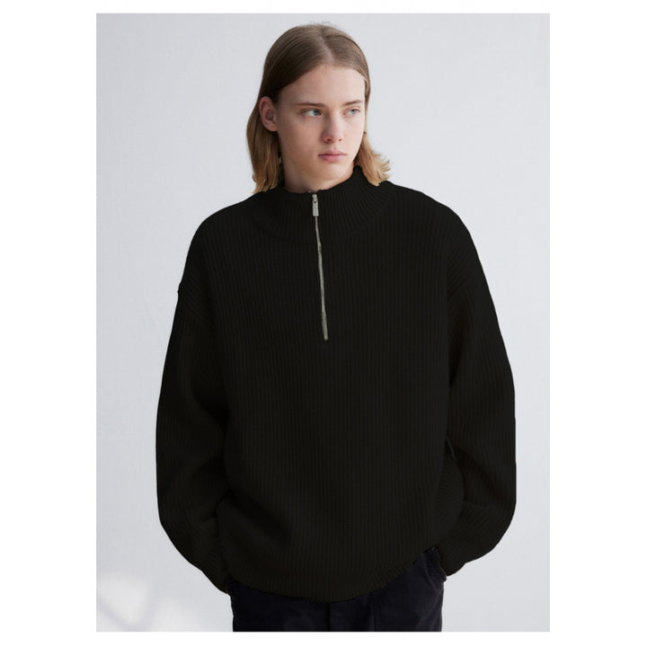 Herren Oversized-Rippenstrick Halbzip-Pullover mit Stehkragen Echoarchiv