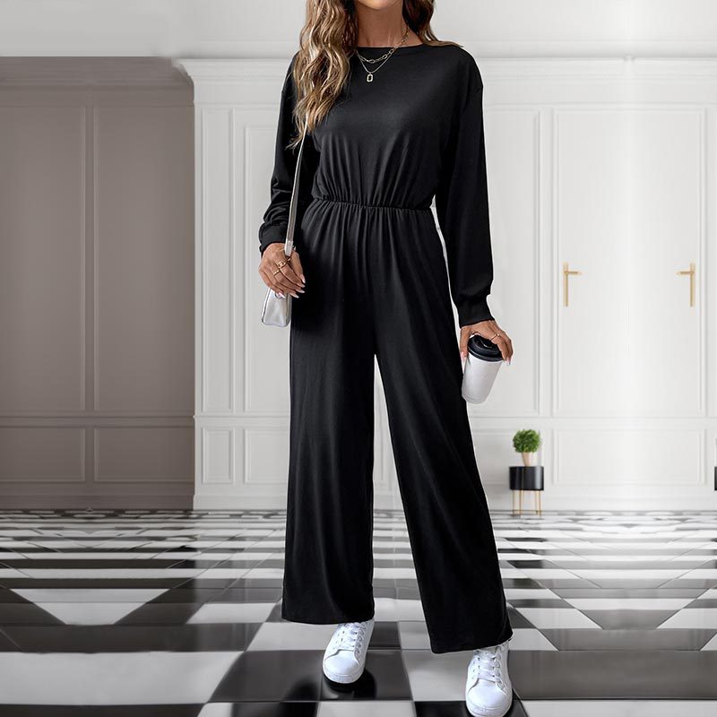 Damen Lässiger Einteiler mit elastischer Taille, Seitentaschen und weitem Bein Echoarchiv