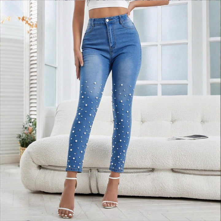 Damen hochgeschnittene Skinny-Jeans mit Perlenapplikation Echo Archiv