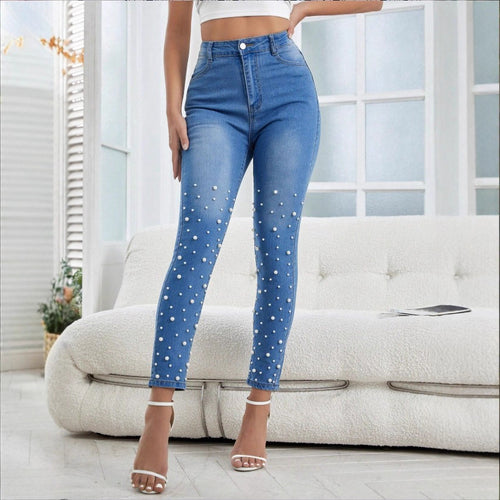 Damen hochgeschnittene Skinny-Jeans mit Perlenapplikation Echo Archiv
