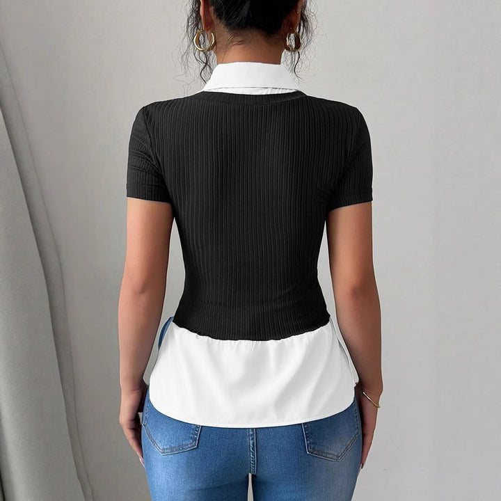 Damen Kurzärmeliges Layering-Top mit Fake-Hemdkragen und Rippstrickkörper – Avérine
