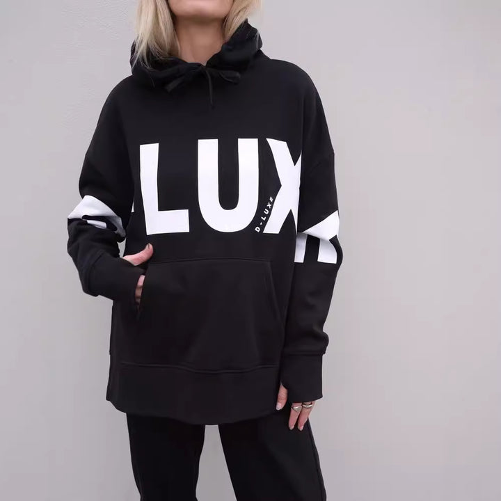 Damen Oversized Kapuzenpullover mit markantem Logoprint, Kängurutasche und Seitenschlitzen Echoarchiv