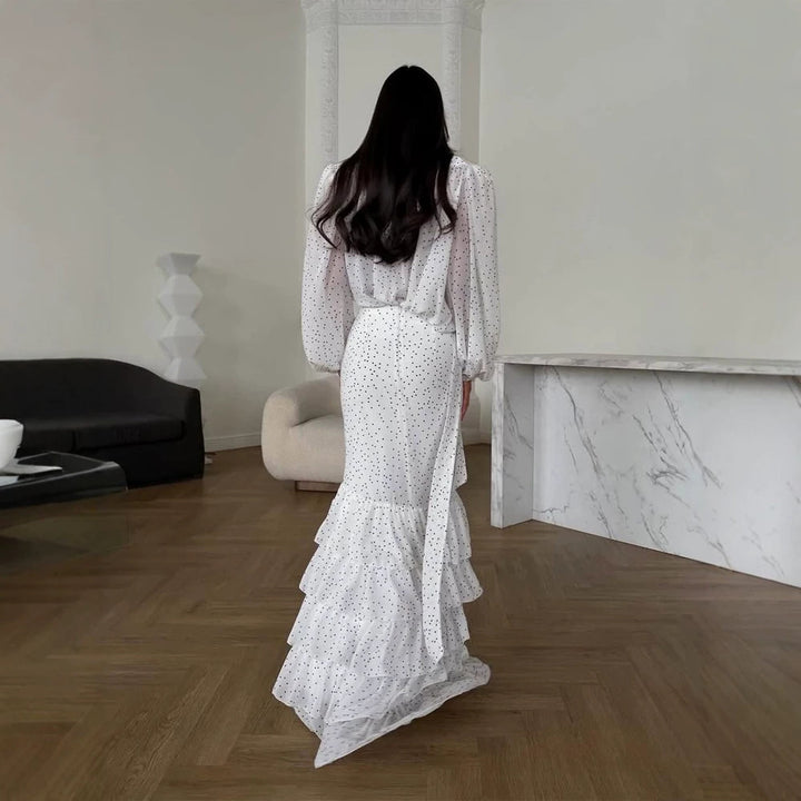 Damen Maxikleid aus Chiffon mit Wickeloberteil, Schluppe und gestuftem Volant‑Rock Echoarchiv
