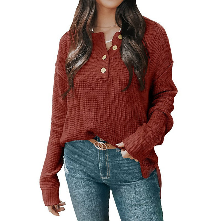 Damen nan lockerer Waffelstruktur Henley Pullover mit Knopfleiste und überschnittener Schulter Echo Archiv