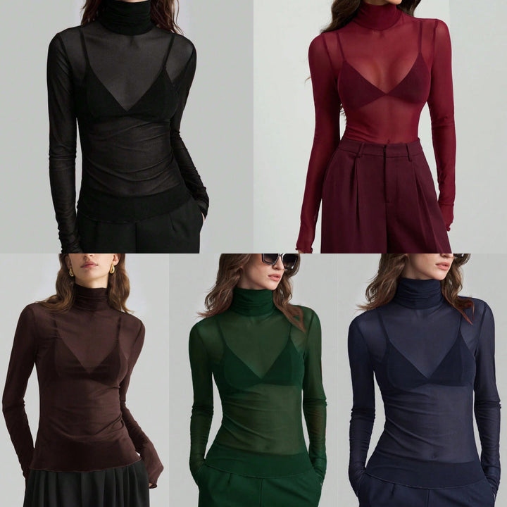 Damen Transparente Turtleneck-Bluse mit figurformendem Schnitt Echoarchiv