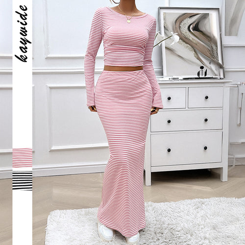 Damen nan gestreiftes zweiteiliges Bodycon-Set mit Langarm-Crop-Top und tailliertem Maxirock Echo Archiv